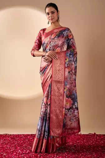 Maroon soft lichi silk floral digital print saree with zari border & designer blouse
