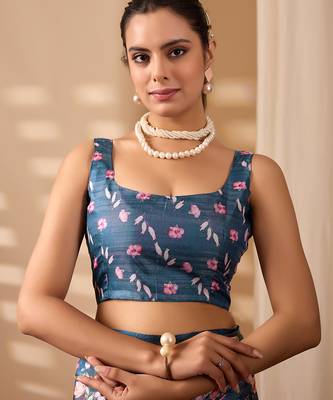 Teal blue lichi silk saree with rose floral prints & rich zari woven border | designer contrast blouse 5