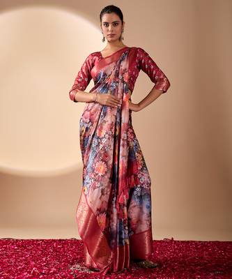 Maroon soft lichi silk floral digital print saree with zari border & designer blouse 2