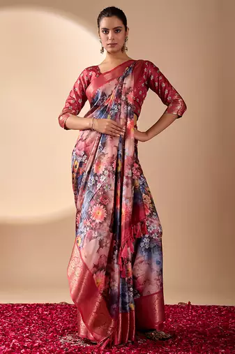 Maroon soft lichi silk floral digital print saree with zari border & designer blouse