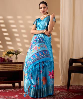 Sky blue soft lichi silk floral print saree with zari woven border | designer printed saree with blouse 2
