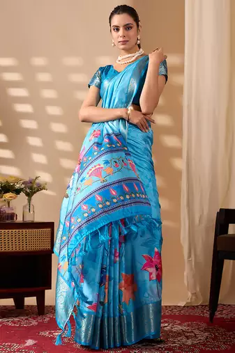 Sky blue soft lichi silk floral print saree with zari woven border | designer printed saree with blouse