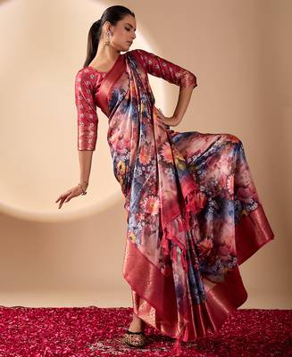 Maroon soft lichi silk floral digital print saree with zari border & designer blouse 3