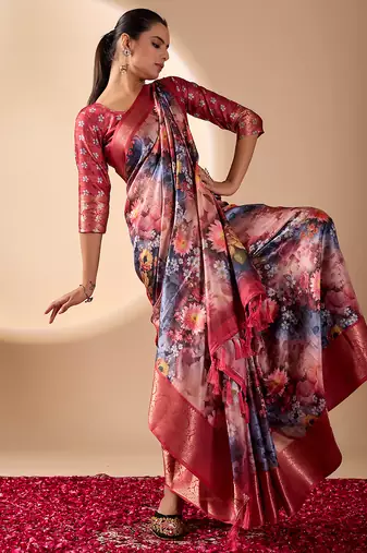 Maroon soft lichi silk floral digital print saree with zari border & designer blouse