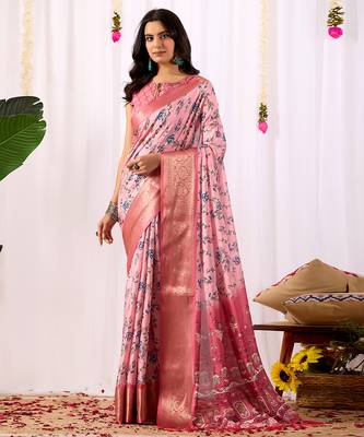 Baby pink lichi silk digital floral saree with rich zari woven border & designer blouse – premium printed collection 1