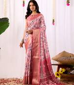 Baby pink lichi silk digital floral saree with rich zari woven border & designer blouse – premium printed collection