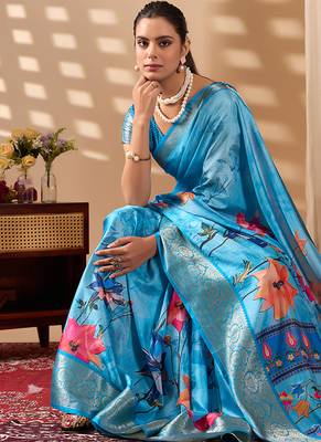 Sky blue soft lichi silk floral print saree with zari woven border | designer printed saree with blouse 3
