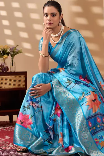 Sky blue soft lichi silk floral print saree with zari woven border | designer printed saree with blouse