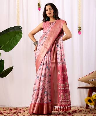 Baby pink lichi silk digital floral saree with rich zari woven border & designer blouse – premium printed collection 2