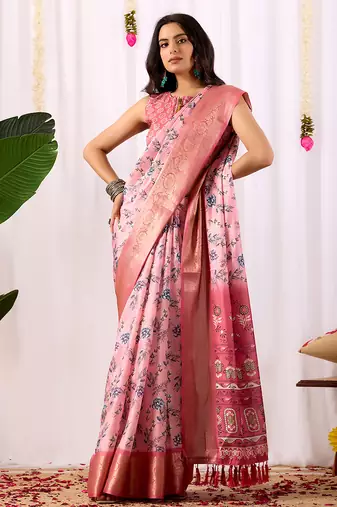 Baby pink lichi silk digital floral saree with rich zari woven border & designer blouse – premium printed collection
