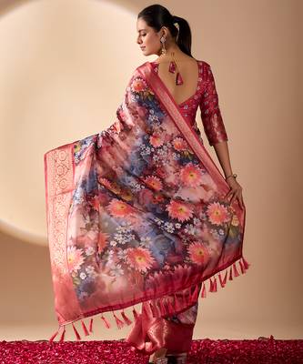 Maroon soft lichi silk floral digital print saree with zari border & designer blouse 4