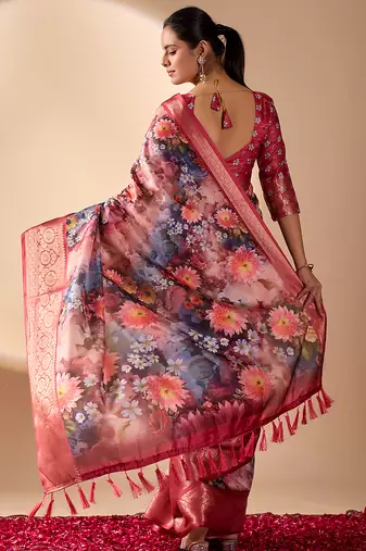 Maroon soft lichi silk floral digital print saree with zari border & designer blouse