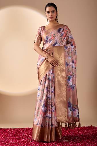 Peach lichi silk digital floral print saree with rich zari pallu & contrast border – designer party saree with blouse