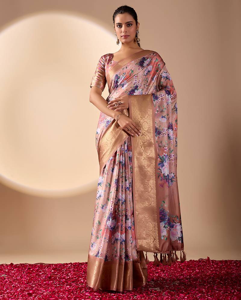 Peach lichi silk digital floral print saree with rich zari pallu & contrast border – designer party saree with blouse