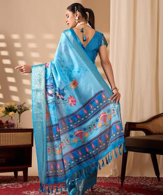 Sky blue soft lichi silk floral print saree with zari woven border | designer printed saree with blouse 4