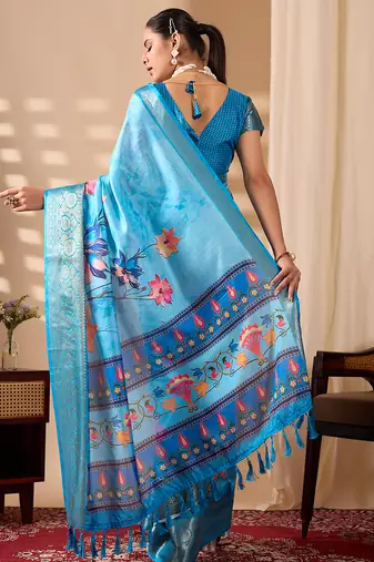 Sky blue soft lichi silk floral print saree with zari woven border | designer printed saree with blouse