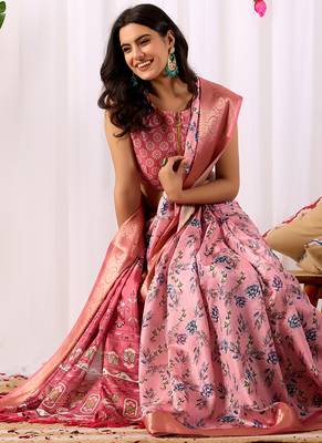 Baby pink lichi silk digital floral saree with rich zari woven border & designer blouse – premium printed collection 3