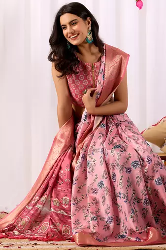 Baby pink lichi silk digital floral saree with rich zari woven border & designer blouse – premium printed collection