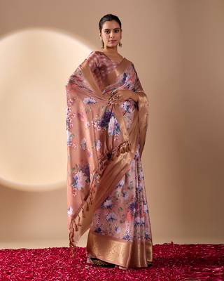 Peach lichi silk digital floral print saree with rich zari pallu & contrast border – designer party saree with blouse 2