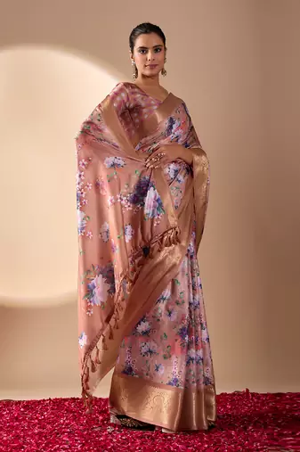 Peach lichi silk digital floral print saree with rich zari pallu & contrast border – designer party saree with blouse