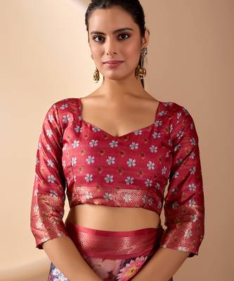 Maroon soft lichi silk floral digital print saree with zari border & designer blouse 5
