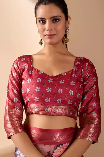 Maroon soft lichi silk floral digital print saree with zari border & designer blouse
