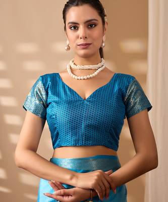 Sky blue soft lichi silk floral print saree with zari woven border | designer printed saree with blouse 5