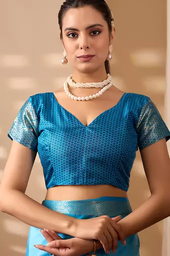 Sky blue soft lichi silk floral print saree with zari woven border | designer printed saree with blouse