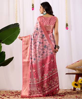 Baby pink lichi silk digital floral saree with rich zari woven border & designer blouse – premium printed collection 4