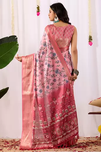 Baby pink lichi silk digital floral saree with rich zari woven border & designer blouse – premium printed collection