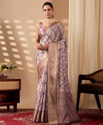 Mauve pink soft lichi silk printed saree with zari woven border | designer traditional wear with contrast blouse 1