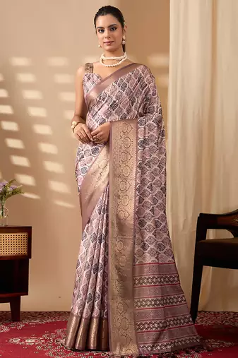 Mauve pink soft lichi silk printed saree with zari woven border | designer traditional wear with contrast blouse