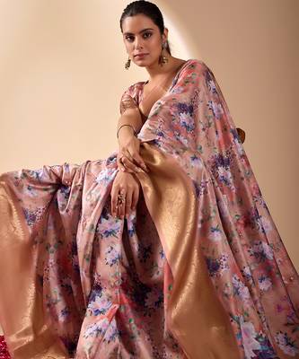 Peach lichi silk digital floral print saree with rich zari pallu & contrast border – designer party saree with blouse 3