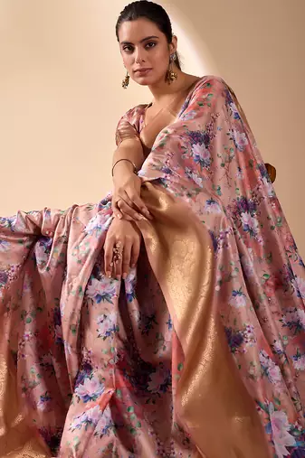 Peach lichi silk digital floral print saree with rich zari pallu & contrast border – designer party saree with blouse