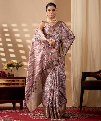 Mauve pink soft lichi silk printed saree with zari woven border | designer traditional wear with contrast blouse 2