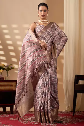 Mauve pink soft lichi silk printed saree with zari woven border | designer traditional wear with contrast blouse