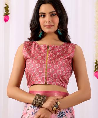 Baby pink lichi silk digital floral saree with rich zari woven border & designer blouse – premium printed collection 5