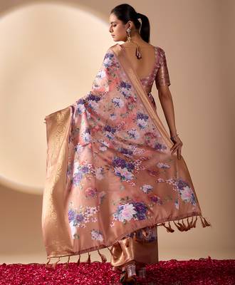Peach lichi silk digital floral print saree with rich zari pallu & contrast border – designer party saree with blouse 4