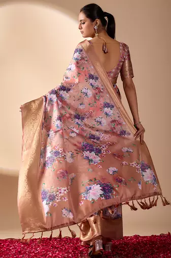 Peach lichi silk digital floral print saree with rich zari pallu & contrast border – designer party saree with blouse