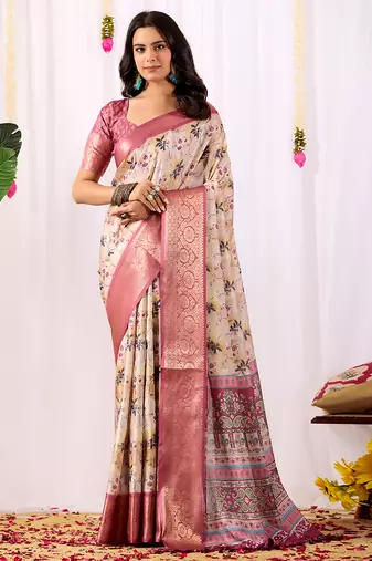 Cream floral printed soft lichi silk saree with contrast zari woven border | designer festival wear saree with blouse