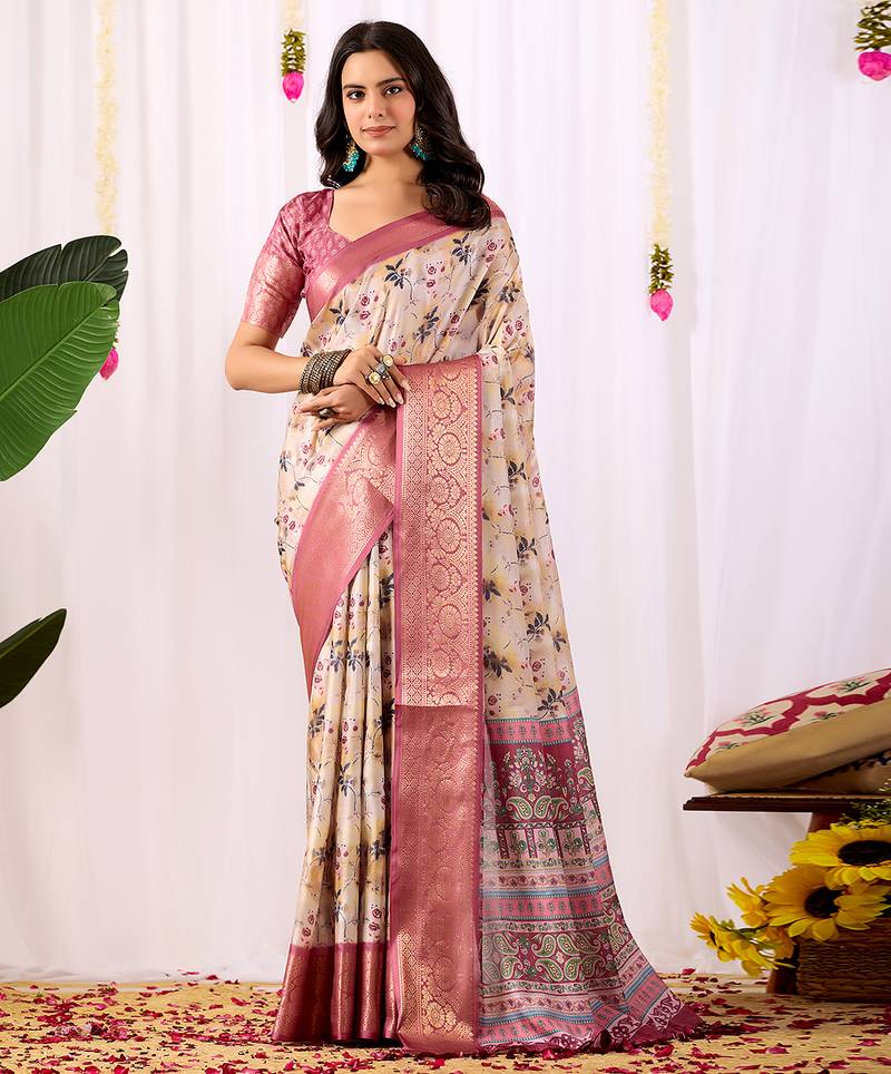 Cream floral printed soft lichi silk saree with contrast zari woven border | designer festival wear saree with blouse