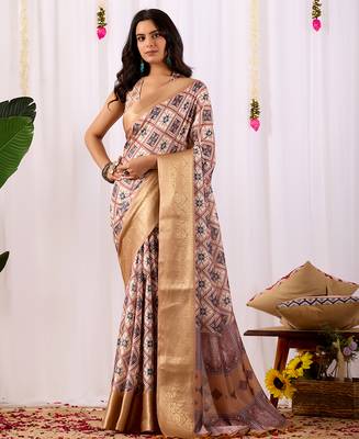 Beige soft lichi silk saree | geometric printed design | rich zari woven border | traditional festive wear | with blouse 1