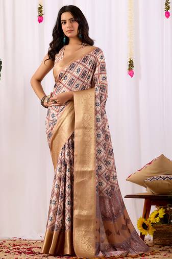 Beige soft lichi silk saree | geometric printed design | rich zari woven border | traditional festive wear | with blouse