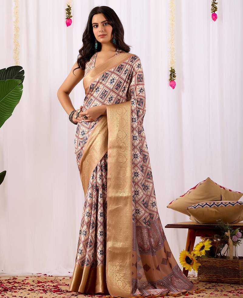 Beige soft lichi silk saree | geometric printed design | rich zari woven border | traditional festive wear | with blouse
