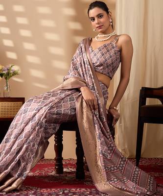 Mauve pink soft lichi silk printed saree with zari woven border | designer traditional wear with contrast blouse 3