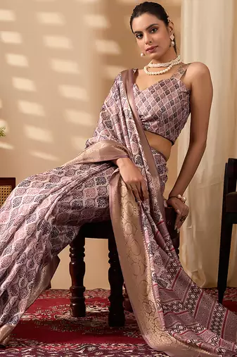 Mauve pink soft lichi silk printed saree with zari woven border | designer traditional wear with contrast blouse