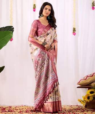 Cream floral printed soft lichi silk saree with contrast zari woven border | designer festival wear saree with blouse 2