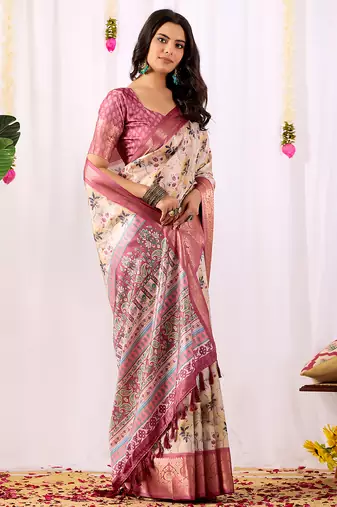 Cream floral printed soft lichi silk saree with contrast zari woven border | designer festival wear saree with blouse
