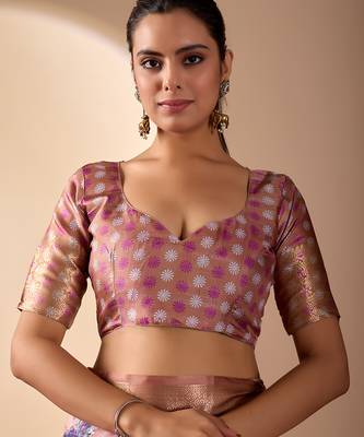 Peach lichi silk digital floral print saree with rich zari pallu & contrast border – designer party saree with blouse 5