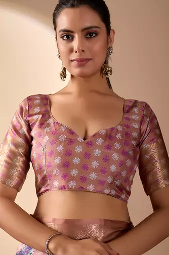 Peach lichi silk digital floral print saree with rich zari pallu & contrast border – designer party saree with blouse